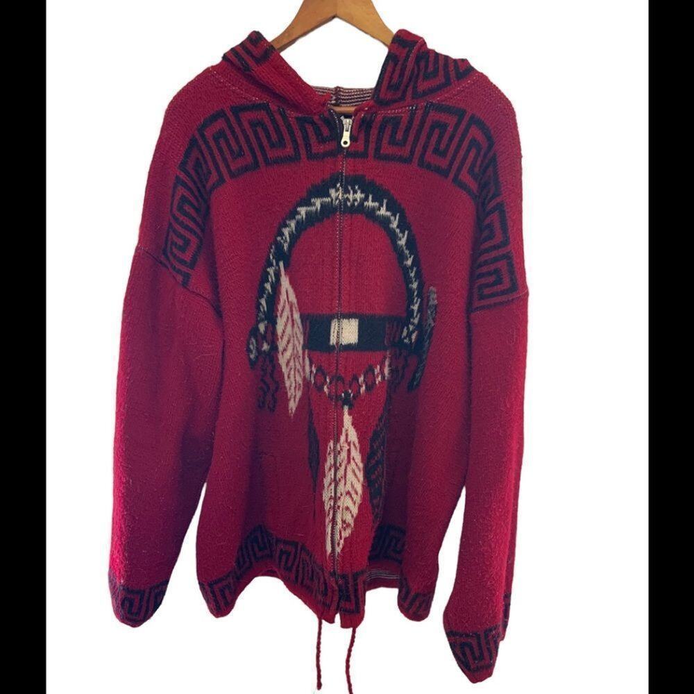 Vintage wool sweater coat w hood dream catcher full zip in Sz Xl!